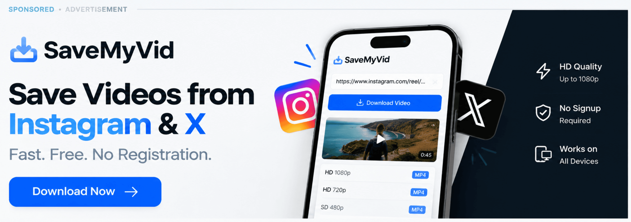 SaveMyVid - Save Videos from Instagram & X. Fast, Free, No Registration. HD Quality up to 1080p.